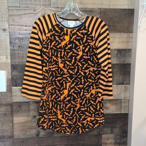 LuLaRoe Halloween Orange & Black Bats & Stripes Randy 3/4 Sleeve Top - Picture 1 of 5